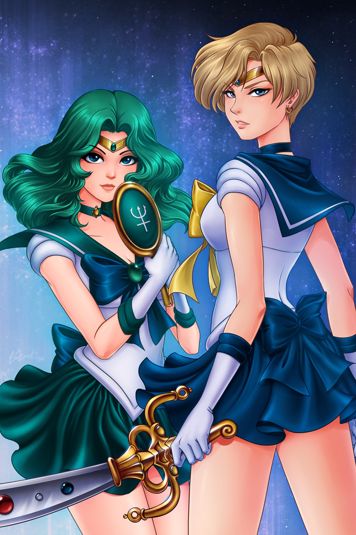 bishoujo_senshi_sailor_moon blonde_hair blue_choker blue_eyes blue_sailor_collar breasts brittany_fuerst choker circlet cleavage deep_aqua_mirror earrings gloves green_eyes green_hair jewelry kaiou_michiru looking_back medium_breasts miniskirt multiple_girls outer_senshi ribbon sailor_collar sailor_neptune sailor_senshi sailor_senshi_uniform sailor_uranus short_hair skirt space_sword sword ten'ou_haruka very_short_hair weapon white_gloves