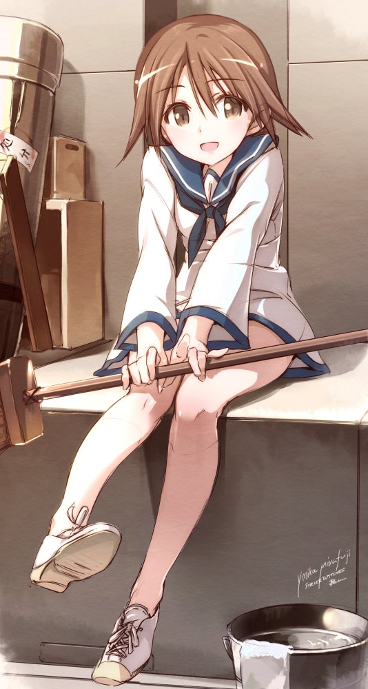 artist_name bottomless broom brown_eyes brown_hair bucket character_name copyright_name dress eyebrows eyebrows_visible_through_hair looking_at_viewer miyafuji_yoshika open_mouth pemu sailor_dress shoes short_hair sitting sneakers solo strike_witches towel world_witches_series