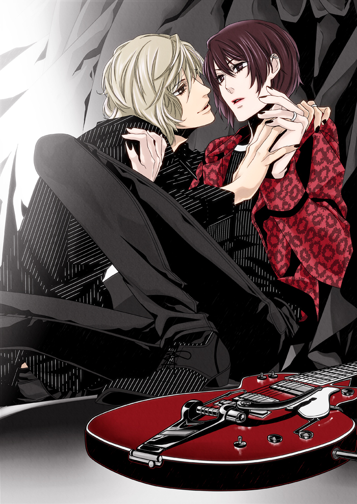 b_prince black_eyes blonde_hair brown_eyes brown_hair couple hand_holding jacket jewelry musical_instrument nailpolish smile suit yaoi