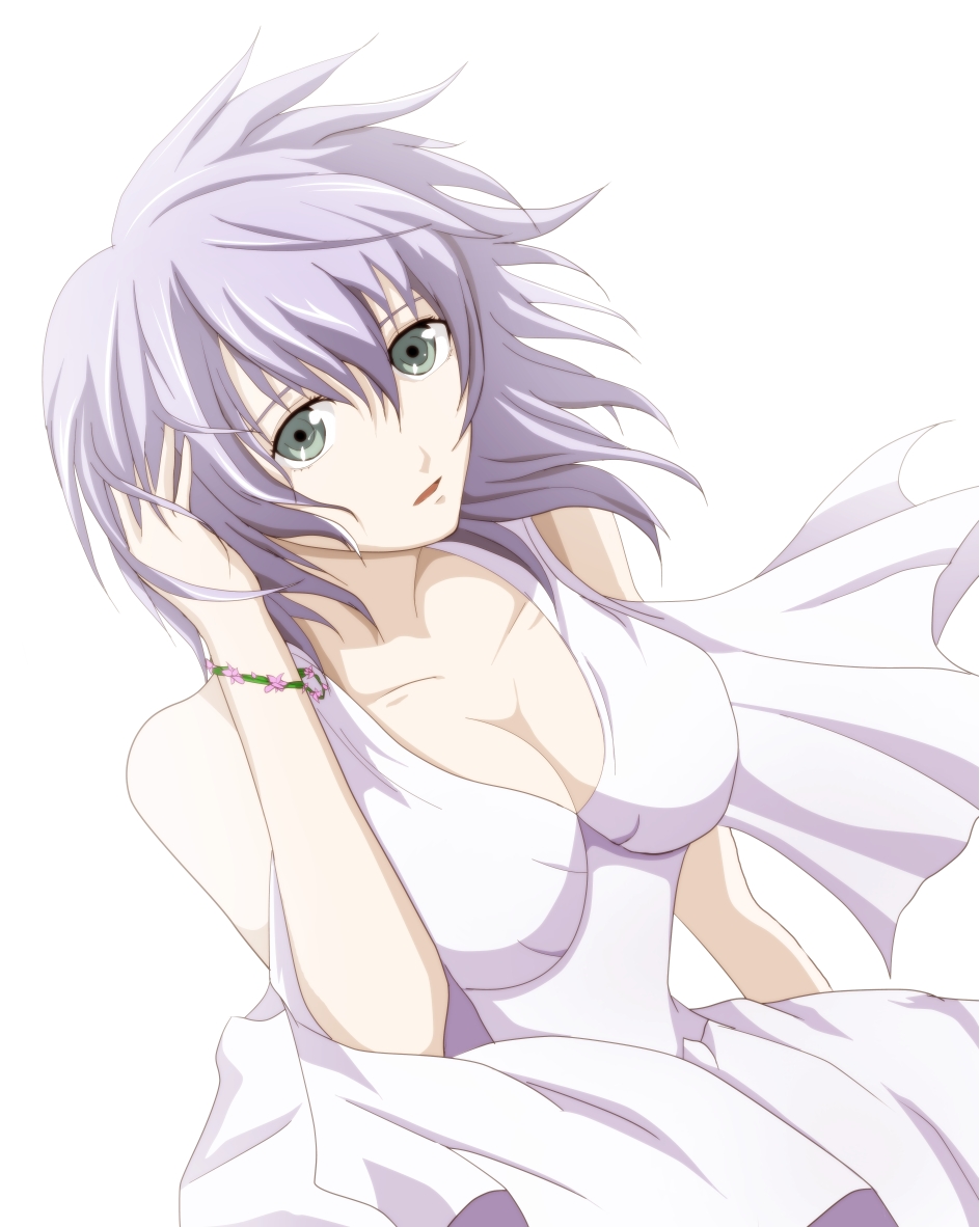 breasts cleavage collarbone dress grey_eyes hand_in_hair large_breasts mable purple_hair saint_seiya:_the_lost_canvas sasha_(saint_seiya:_the_lost_canvas) short_hair simple_background solo white_background white_dress