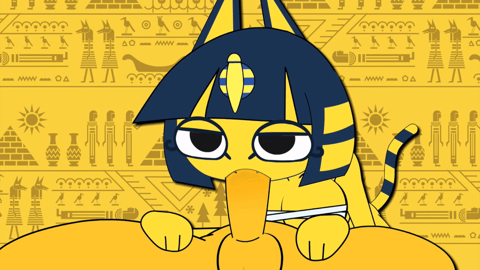 animal_crossing animated ankha anthro bandage breasts cat duo egyptian fangs feline female fur human male male/female mammal minus8 nintendo oral oral_penetration penetration penis striped_tail stripes video_games villager_(animal_crossing) yellow_fur