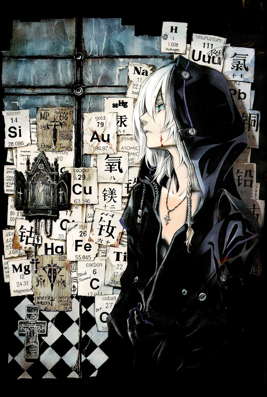 1boy aleksander_nikolaevich_her blue_eyes hood hoodie jewelry male_focus necklace official_art periodic_table profile satou_kenetsu seikon_no_qwaser solo upper_body white_hair