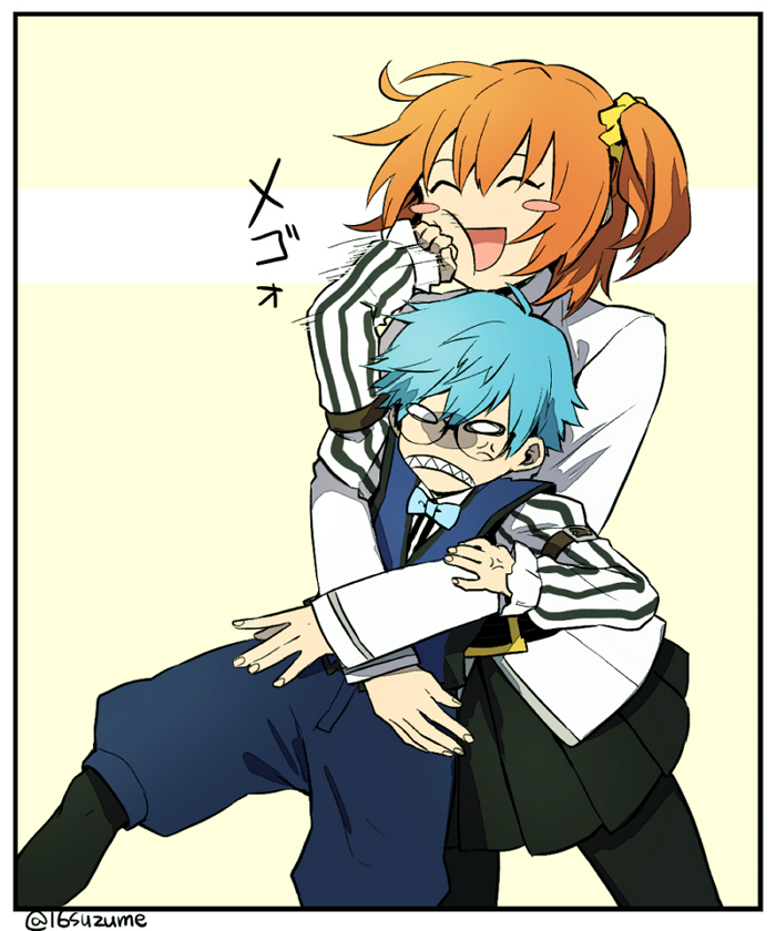 1boy 1girl ^_^ anger_vein angry belt black_legwear blue_hair blush bowtie caster_(fate/extra_ccc) clenched_teeth collared_shirt cowboy_shot eyes_closed fate/grand_order fate_(series) female_protagonist_(fate/grand_order) glasses height_difference hug hug_from_behind open_mouth orange_hair pantyhose punching shorts simple_background size_difference skirt somemiya_suzume striped striped_shirt teenage_girl_and_younger_boy white_background yellow_background