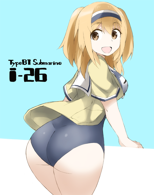 brown_eyes hairband i-26_(kantai_collection) kantai_collection light_brown_eyes light_brown_hair long_hair looking_at_viewer looking_back new_school_swimsuit one-piece_swimsuit open_mouth sailor_collar school_swimsuit short_sleeves smile solo souji swimsuit swimsuit_under_clothes two-tone_hairband two_side_up
