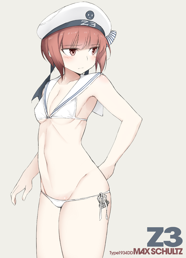 anchor bikini blush breasts brown_eyes brown_hair character_name cowboy_shot from_side frown groin hat iron_cross kantai_collection looking_back lowleg lowleg_bikini navel sailor_bikini sailor_collar sailor_hat short_hair side-tie_bikini small_breasts solo souji swimsuit white_bikini white_hat z3_max_schultz_(kantai_collection)