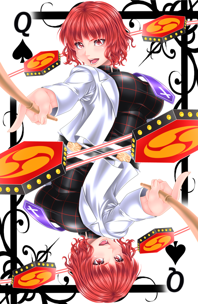 black_shirt blouse breasts card card_(medium) commentary_request drum drum_set drumsticks highres horikawa_raiko instrument large_breasts multiple_views necktie open_clothes open_mouth open_shirt patterned_clothing playing_card pointing polo_shirt red_eyes red_hair shirt spade_(shape) touhou white_blouse white_shirt yoiti