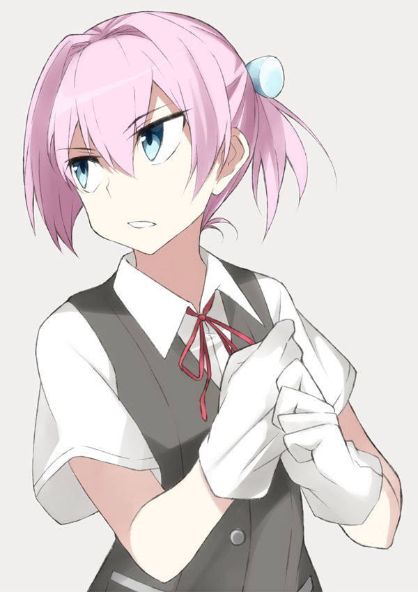 adjusting_clothes adjusting_gloves bangs black_vest blue_eyes buttons collared_shirt eyebrows_visible_through_hair gloves hair_between_eyes hair_intakes hair_ornament kantai_collection looking_back neck_ribbon open_mouth pink_hair red_neckwear red_ribbon ribbon shiranui_(kantai_collection) shirt short_hair short_ponytail short_sleeves silver_background simple_background solo souji tsurime upper_body vest white_gloves white_shirt