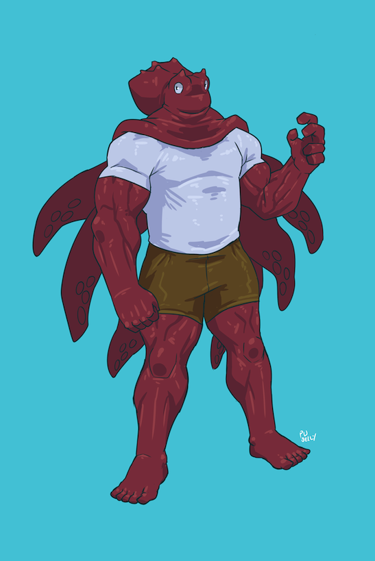 5_fingers 5_toes biceps big_muscles blue_background brown_clothing cephalopod clothed clothing colored digital_drawing_(artwork) digital_media_(artwork) full-length_portrait giant_octopus hair huge_muscles light long_hair male marine muscular muscular_male octopus pecs plain_white portrait quads red_scales scales scalie serratus shaded shirt shorts simple_background solo standing t-shirt tentacle_hair tentacles toes triceps white_clothing