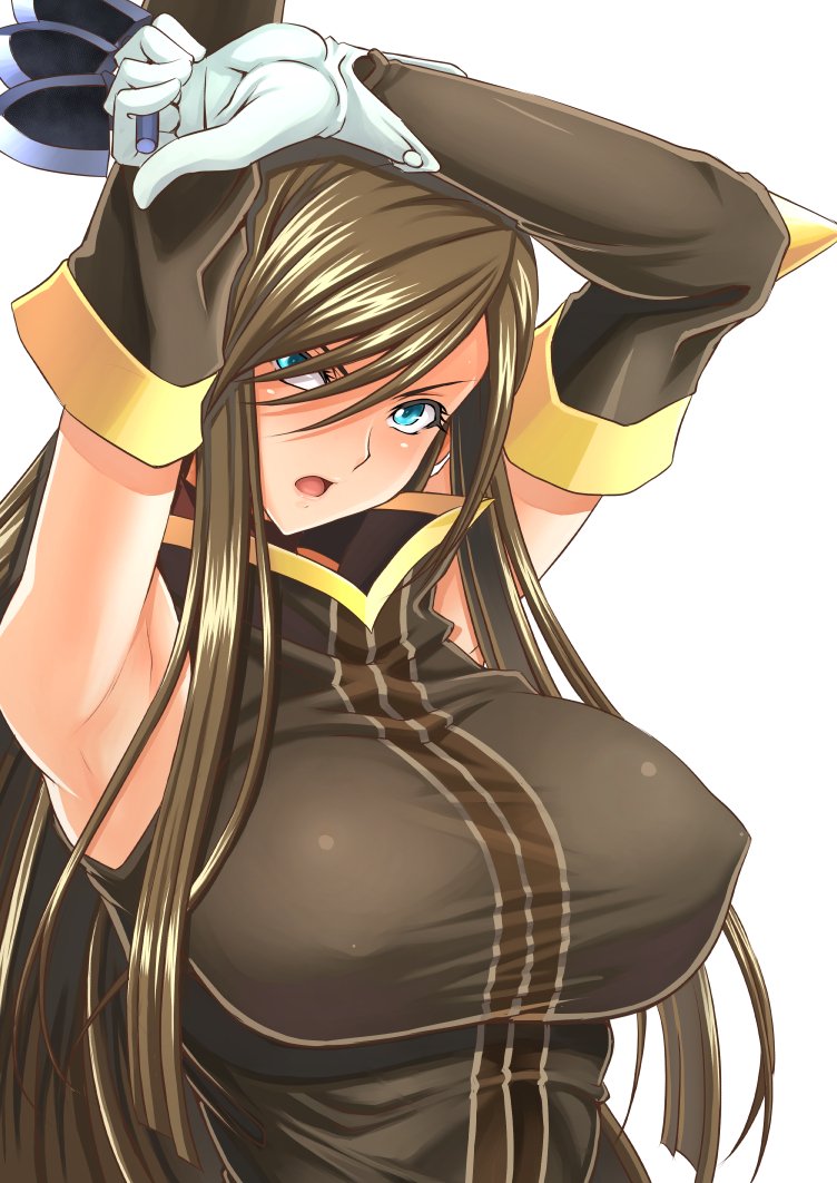 :o armpits blue_eyes blush breasts brown_hair coat collar commentary_request covered_nipples detached_sleeves gloves hair_over_one_eye head_tilt holding holding_knife holding_weapon knife large_breasts long_hair open_mouth red_background shunzou sidelocks simple_background sleeveless solo tales_of_(series) tales_of_the_abyss tear_grants throwing_knife upper_body very_long_hair weapon white_background white_gloves