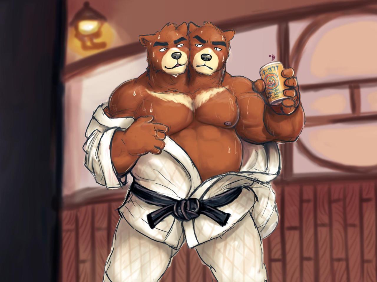 2_heads anthro beverage brothers brown_fur clothed clothing conjoined dojo fur gi japanese_clothing mammal multi_head multifur musclegut neonigma3 sibling snout soda sweat topless twins ursine