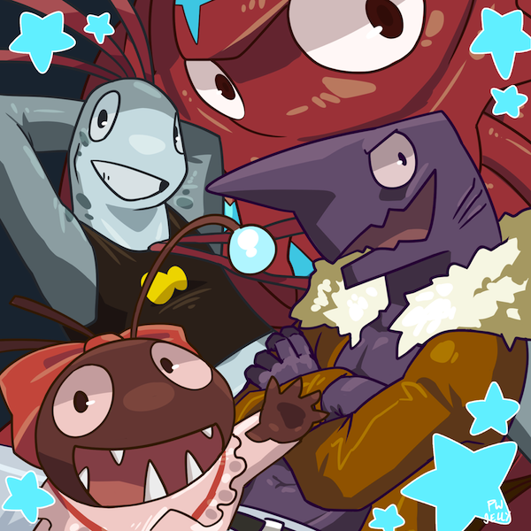 2015 5_fingers angler_fish_(plain_white) anglerfish antennae anthro athletic big_eyes black_clothing blue_background bow brown_clothing brown_scales calamari close-up clothed clothing crossed_arms cute cyan_markings cyan_scales fish gaping_mouth gills girly goblin_shark grey_scales grin group happy jacket larger_male leaning leaning_back light looking_at_viewer male male/male manly marine markings multicolored_scales no_iris oarfish oarfish_(plain_white) open_mouth open_smile pecs pink_clothing plain_white purple_scales reclining samudra_aquarium scales scalie shark sharp_teeth shiny_body shirt signature simple_background size_difference slim small_male smaller_male smile standing star symbol teeth tentacle_hair tentacles topless two_tone_scales