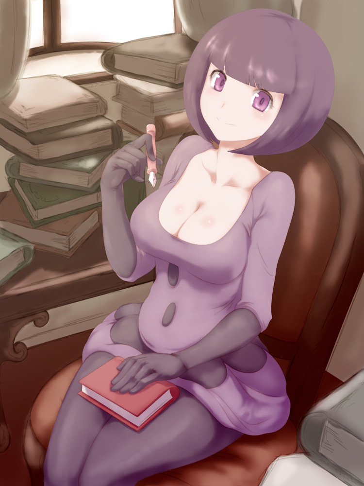 bangs blunt_bangs bob_cut book book_stack breasts chair cleavage commentary_request elbow_gloves elite_four gloves kous_(onetwojustice) large_breasts no_eyewear pantyhose pen pokemon pokemon_(game) pokemon_bw purple_eyes purple_hair shikimi_(pokemon) short_hair sitting skirt solo