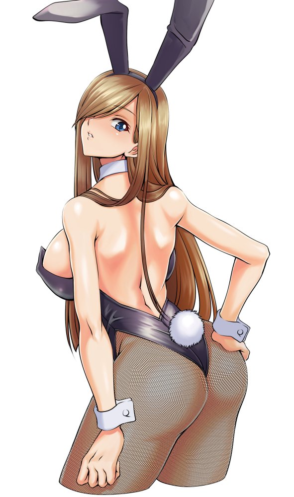alternate_costume animal_ears ass back bare_shoulders blue_eyes blush breasts brown_hair bunny_ears bunny_tail bunnysuit commentary_request covered_nipples cowboy_shot cropped_legs detached_collar fake_animal_ears fishnet_pantyhose fishnets hair_over_one_eye hairband hand_on_own_ass large_breasts leotard long_hair looking_at_viewer pantyhose parted_lips shunzou sidelocks solo tail tales_of_(series) tales_of_the_abyss tear_grants very_long_hair white_background wrist_cuffs