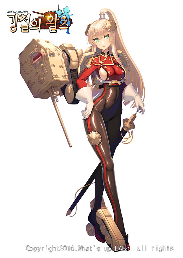 blonde_hair breasts caterpillar_tracks covered_navel ecell fourragere gloves hand_on_hilt korean mecha_musume medium_breasts panzer_waltz personification ponytail sideboob simple_background skin_tight solo sword turret uniform weapon white_background