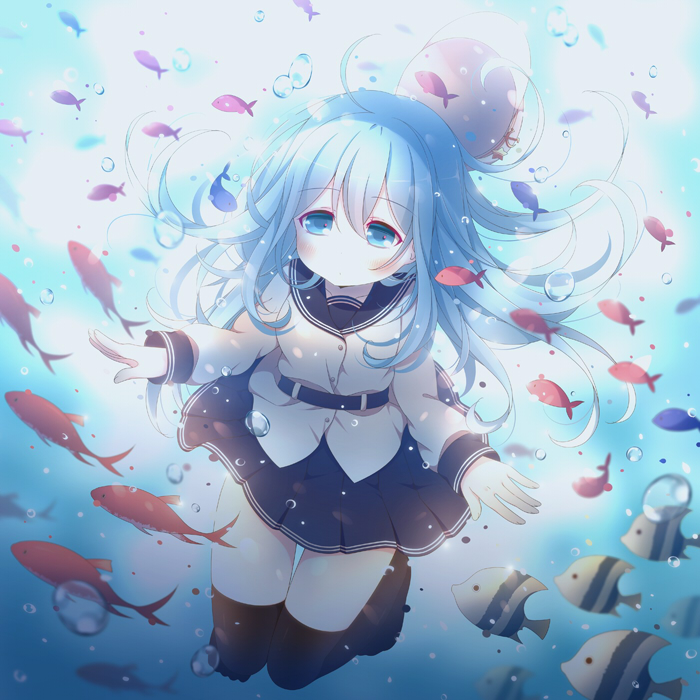 anju_(mocomocousagi) belt black_legwear black_skirt blue blue_eyes blue_hair blush commentary_request fish floating_hair hat hat_removed headwear_removed hibiki_(kantai_collection) kantai_collection legs_together long_hair long_sleeves looking_at_viewer no_mouth over-kneehighs skirt solo submerged swimming thighhighs underwater verniy_(kantai_collection) water