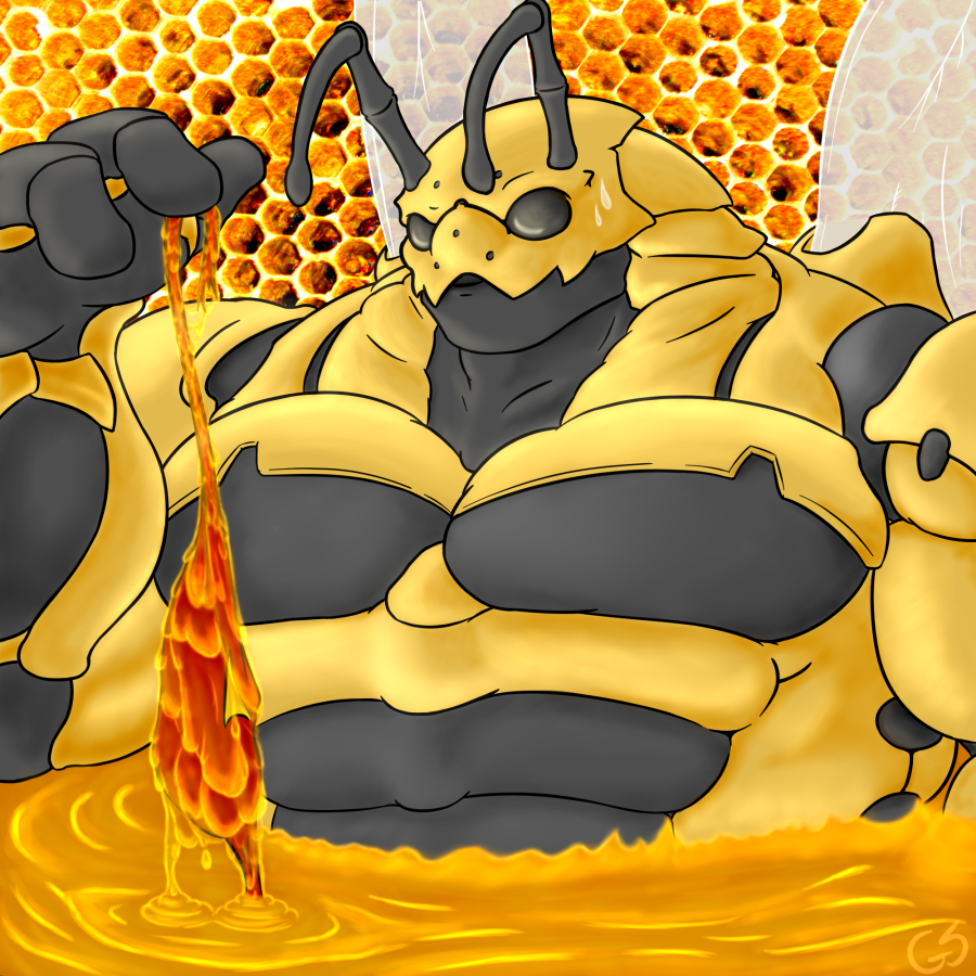 2011 abs antennae anthro arthropod biceps big_biceps big_muscles black_body black_eyes black_markings clothed clothing cute detailed_background digital_drawing_(artwork) digital_media_(artwork) empty_eyes gs half-length_portrait honey huge_muscles insect ivan_(character) male manly markings muscular muscular_male open_mouth pecs photo_background portrait signature solo standing sweat thick_neck toony topless wasp wings yellow_body yellow_theme