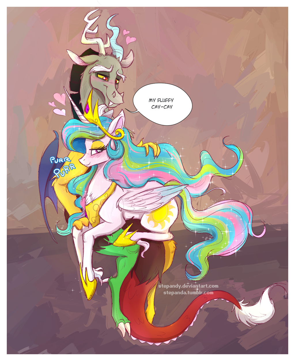 &lt;3 2016 blush border claws cutie_mark dialogue discord_(mlp) draconequus duo english_text equine eyelashes fangs feathered_wings feathers female feral friendship_is_magic hair half-closed_eyes hi_res horn long_hair male mammal multicolored_hair multicolored_tail my_little_pony princess_celestia_(mlp) purple_eyes red_eyes smile stepandy text toe_claws white_border winged_unicorn wings yellow_sclera