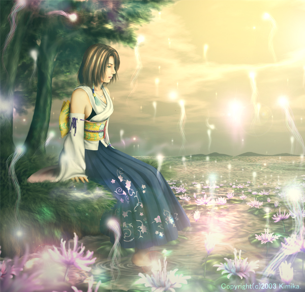 bad_id bad_pixiv_id bare_shoulders barefoot blue_hakama bow brown_hair detached_sleeves dress final_fantasy final_fantasy_x hakama japanese_clothes kimikahamu lake nature print_hakama pyrefly scenery short_hair sky solo tree water yuna_(ff10)