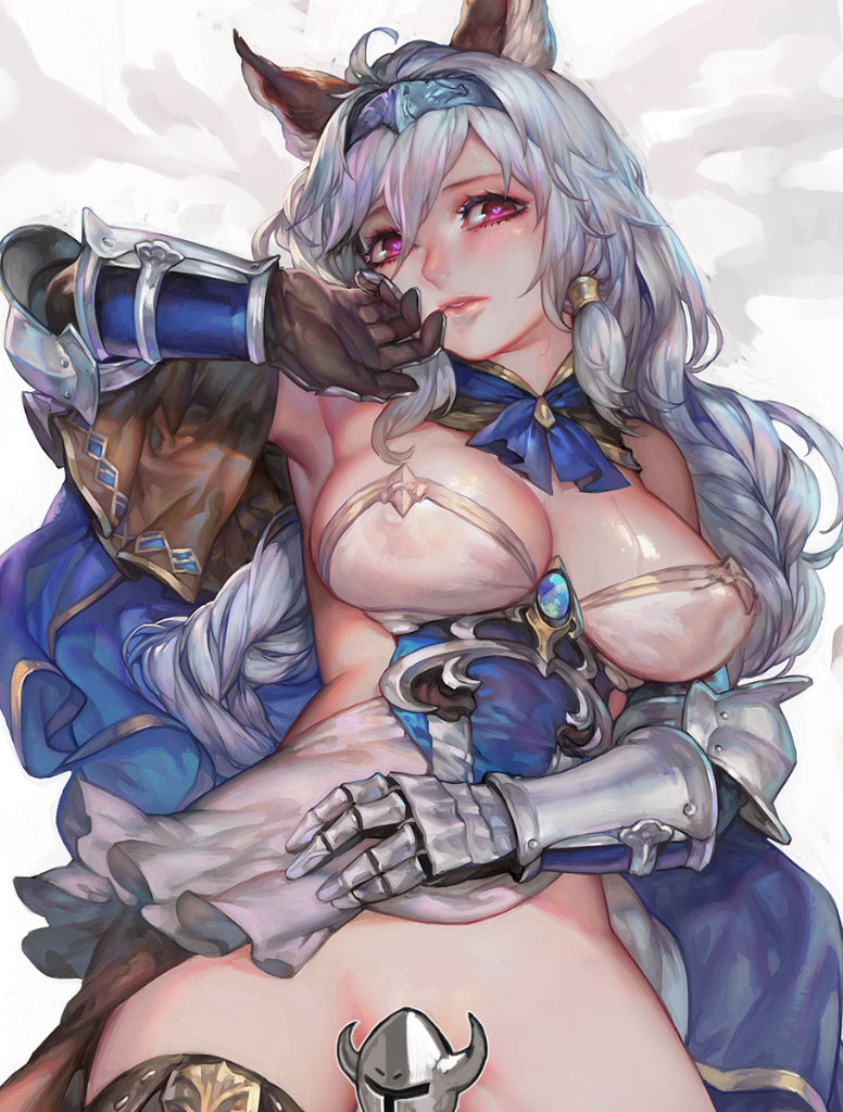 animal_ears aoin armor boots braid breasts censored cleavage erune gauntlets granblue_fantasy hair_between_eyes hair_tubes hairband hand_to_own_mouth heles large_breasts long_hair looking_at_viewer novelty_censor parted_lips purple_eyes silver_hair single_braid solo thigh_boots thighhighs wet
