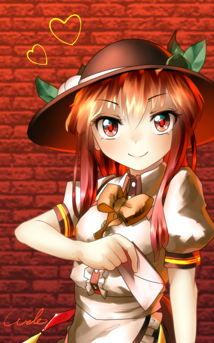 alternate_hair_color arm_up bad_anatomy brick_wall food fruit hat heart highres hinanawi_tenshi leaf letter long_hair looking_at_viewer peach puffy_short_sleeves puffy_sleeves red_eyes red_hair ribbon short_sleeves sidelocks signature smile solo touhou welt_(kinsei_koutenkyoku)