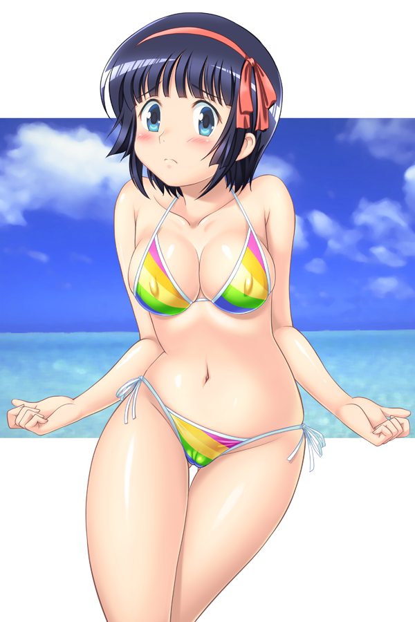 bikini black_hair blue_eyes cameltoe covered_nipples hair_ribbon hairband kuromukuro leaning_forward ribbon shirahane_yukina short_hair side-tie_bikini solo standing striped striped_bikini swimsuit tanuki_yousuke