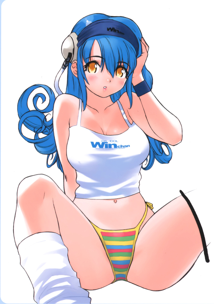 blue_hair curly_hair hand_on_own_head long_hair looking_at_viewer multicolored multicolored_clothes multicolored_panties navel os-tan panties side-tie_panties socks solo spread_legs tank_top underwear winchan wristband yellow_eyes yoshizaki_mine