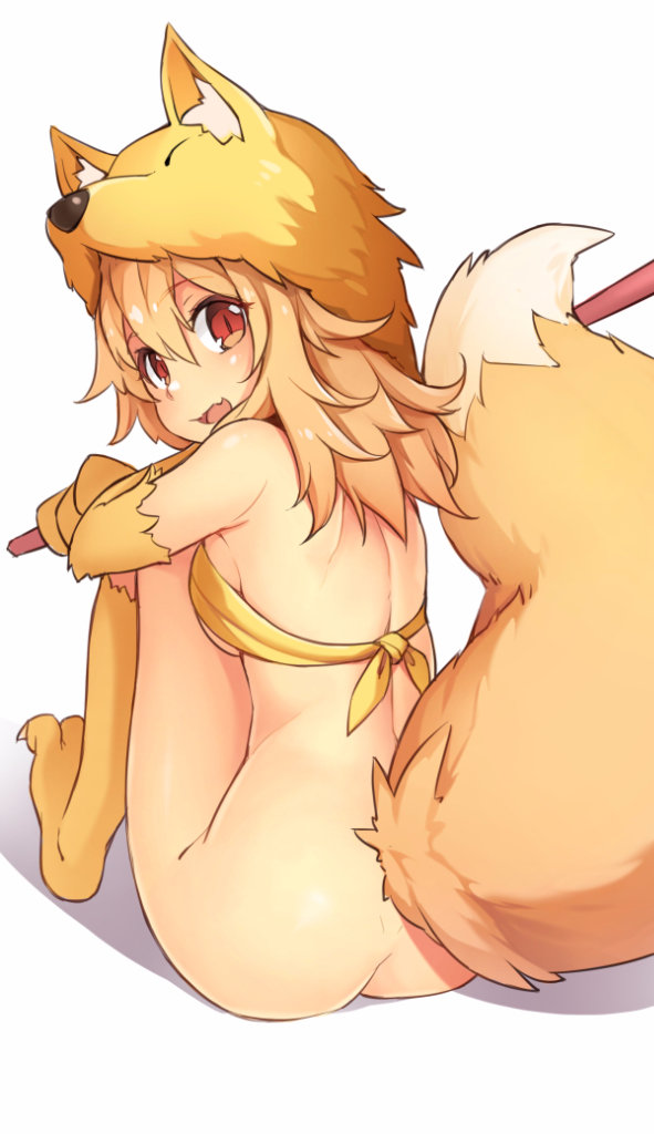 3.14 animal_hat bandeau blonde_hair bottomless breasts fang fox_tail from_behind hair_between_eyes hat long_hair looking_back moonlight_flower paws ragnarok_online red_eyes sideboob simple_background sitting small_breasts smile solo tail white_background