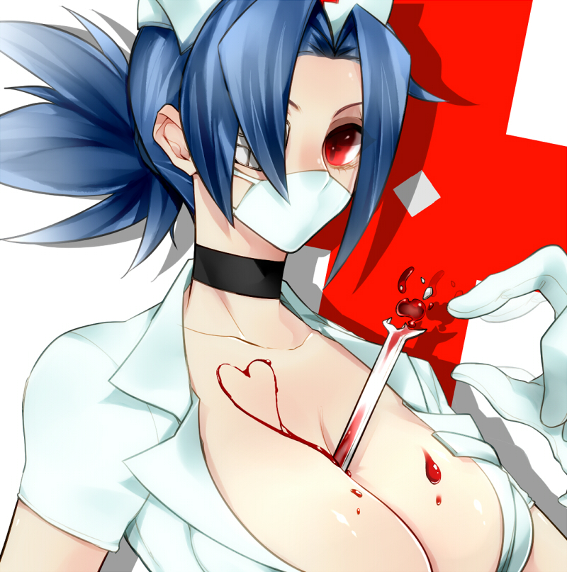 1girl blue_hair breasts cleavage collar large_breasts nurse red_eyes skullgirls valentine_(skullgirls)