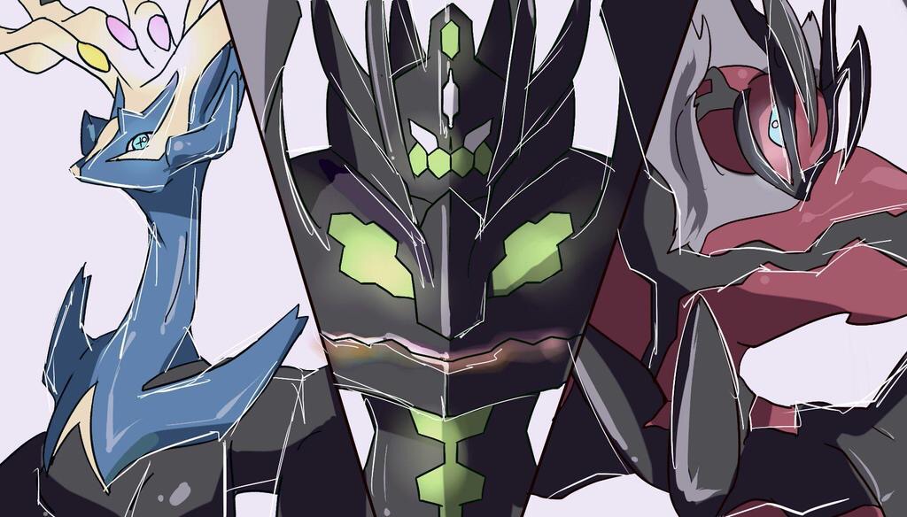 gen_6_pokemon looking_at_viewer no_humans pink_background pokemon pokemon_(creature) pokemon_(game) pokemon_xy simple_background symbol-shaped_pupils white_background xerneas yveltal zygarde zygarde_complete