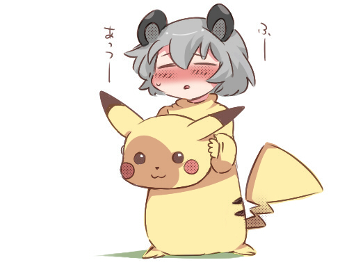 :3 =_= animal_ears blush closed_eyes commentary cosplay full-face_blush gen_1_pokemon grey_hair hammer_(sunset_beach) hot mouse_ears nazrin open_mouth pikachu pikachu_(cosplay) pokemon short_hair solo touhou translated