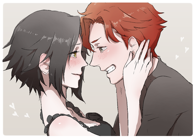 1girl baccano! black_hair chane_laforet claire_stanfield couple eye_contact grin hand_on_another's_face hetero looking_at_another nakumonaga_uma profile red_hair short_hair sketch smile upper_body yellow_eyes