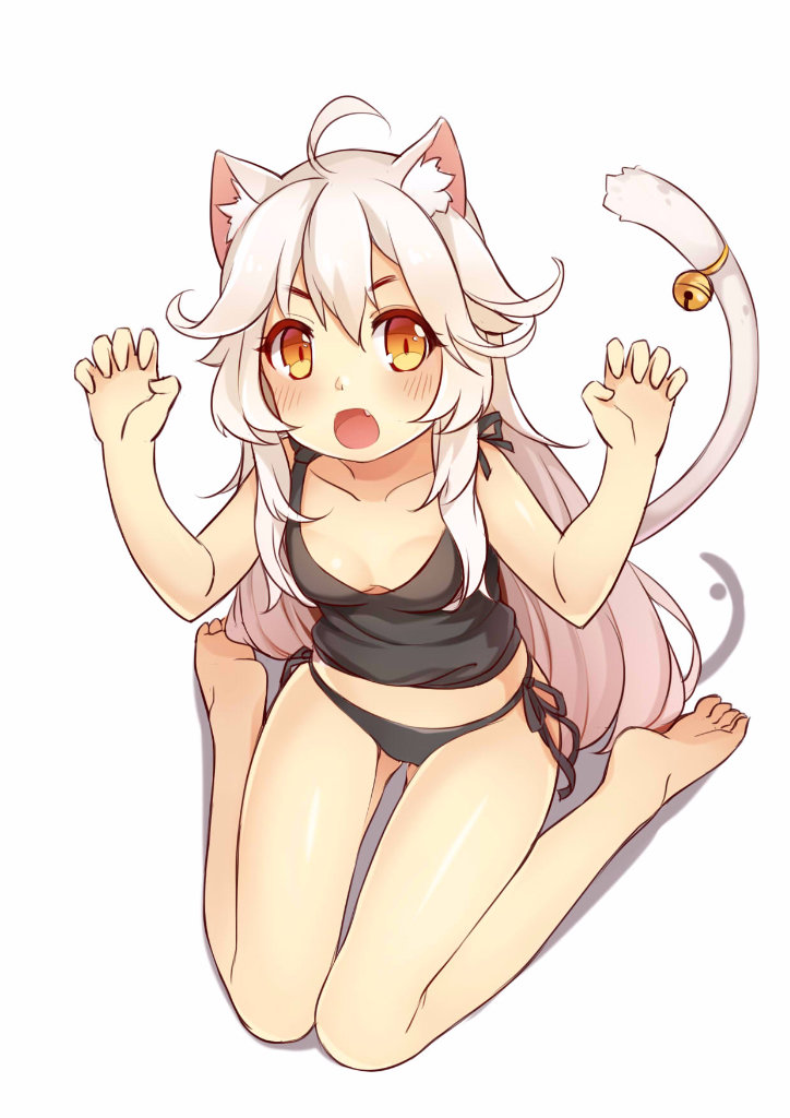 3.14 ahoge animal_ears bare_legs barefoot bell black_panties blush cat_ears cat_tail fang full_body jingle_bell long_hair looking_at_viewer open_mouth orange_eyes original panties paw_pose side-tie_panties simple_background sitting solo tail tail_bell tank_top underwear underwear_only wariza white_background white_hair