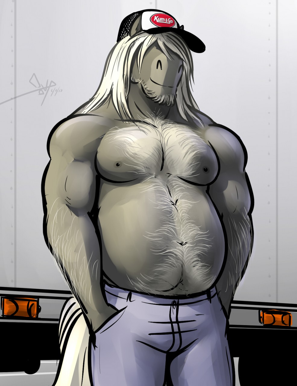 2015 anthro arm_hair beard belly bgn big_belly body_hair brian_cochen chest_hair clothed clothing digital_media_(artwork) equine facial_hair fur grey_fur hair hair_over_eyes hairy hands_in_pockets hat hi_res horse long_hair male mammal navel nipples pants portrait signature slightly_chubby smile solo standing three-quarter_portrait topless truck trucker vehicle white_hair