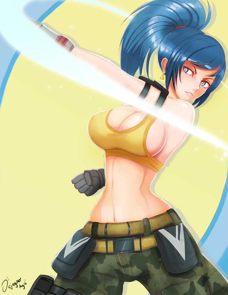 bad_id bad_pixiv_id banned_artist belt belt_pouch blue_eyes blue_hair breasts camouflage camouflage_pants clenched_hand crop_top dejaguar earrings gloves jewelry large_breasts leona_heidern long_hair multiple_belts pants ponytail pouch sideboob slender_waist solo the_king_of_fighters the_king_of_fighters_xiv