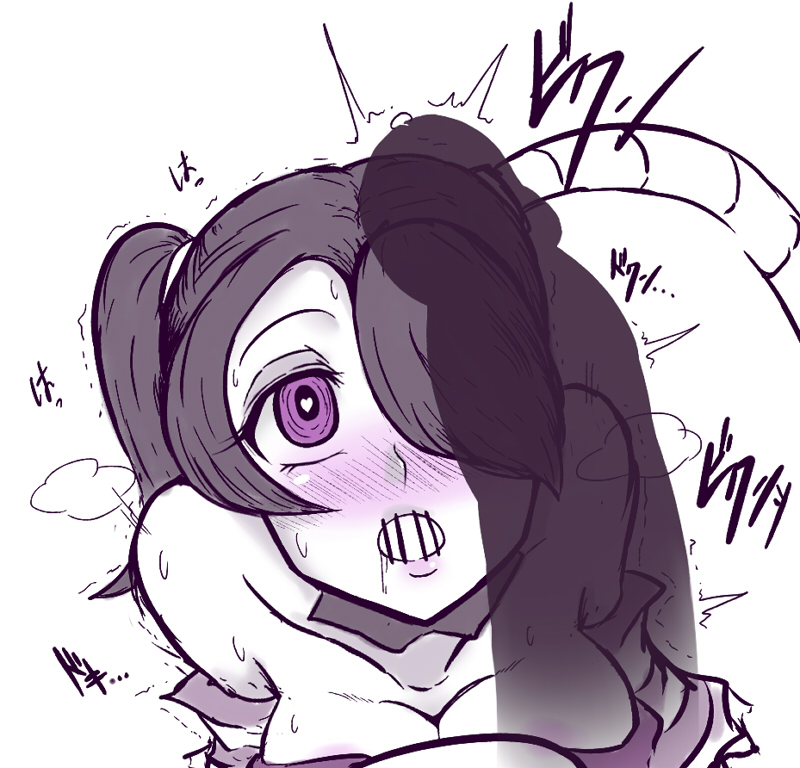 &lt;3 &lt;3_eyes blush bone breasts breath cleavage clothed clothing drooling faceless_male female hair hair_over_eye male penis precum purple_eyes saliva skullgirls squigly stitches sweat undead wozmee-belmont zombie