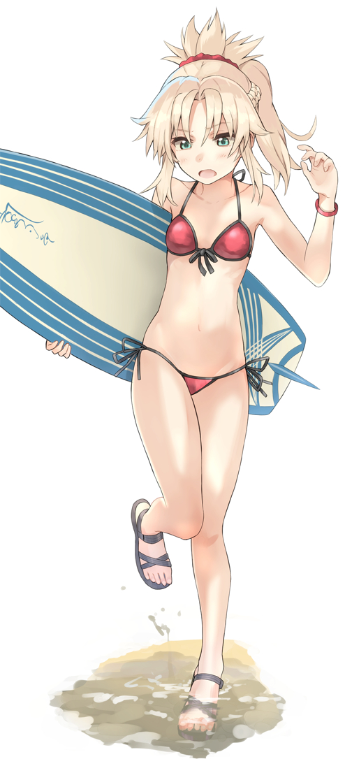 aqua_eyes bikini blonde_hair blush bracelet braid breasts collarbone fate/apocrypha fate/grand_order fate_(series) french_braid front-tie_bikini front-tie_top full_body groin holding jewelry kickboard leg_up long_hair looking_down mordred_(fate)_(all) mordred_(swimsuit_rider)_(fate) navel open_mouth ponytail pt red_bikini sandals side-tie_bikini small_breasts solo swimsuit water
