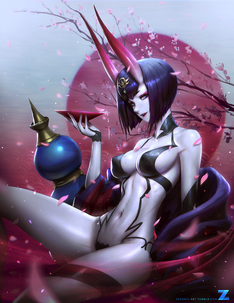 alcohol alternate_breast_size banned_artist blue_eyes breasts cherry_blossoms cleavage covered_nipples cup eyeliner fate/grand_order fate_(series) gourd horns japanese_clothes kimono looking_at_viewer makeup medium_breasts navel older oni parted_lips paul_kwon petals revealing_clothes sakazuki sake short_hair shuten_douji_(fate/grand_order) sitting solo teeth watermark web_address