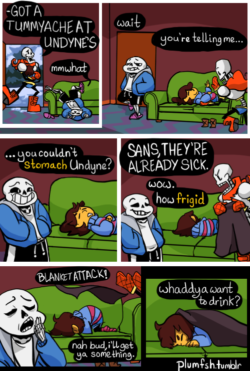 animated_skeleton bedding blanket bone comic english_text human humor inside lying mammal open_mouth papyrus_(undertale) plumfsh protagonist_(undertale) sans_(undertale) signature skeleton sofa text undead undertale video_games yawn