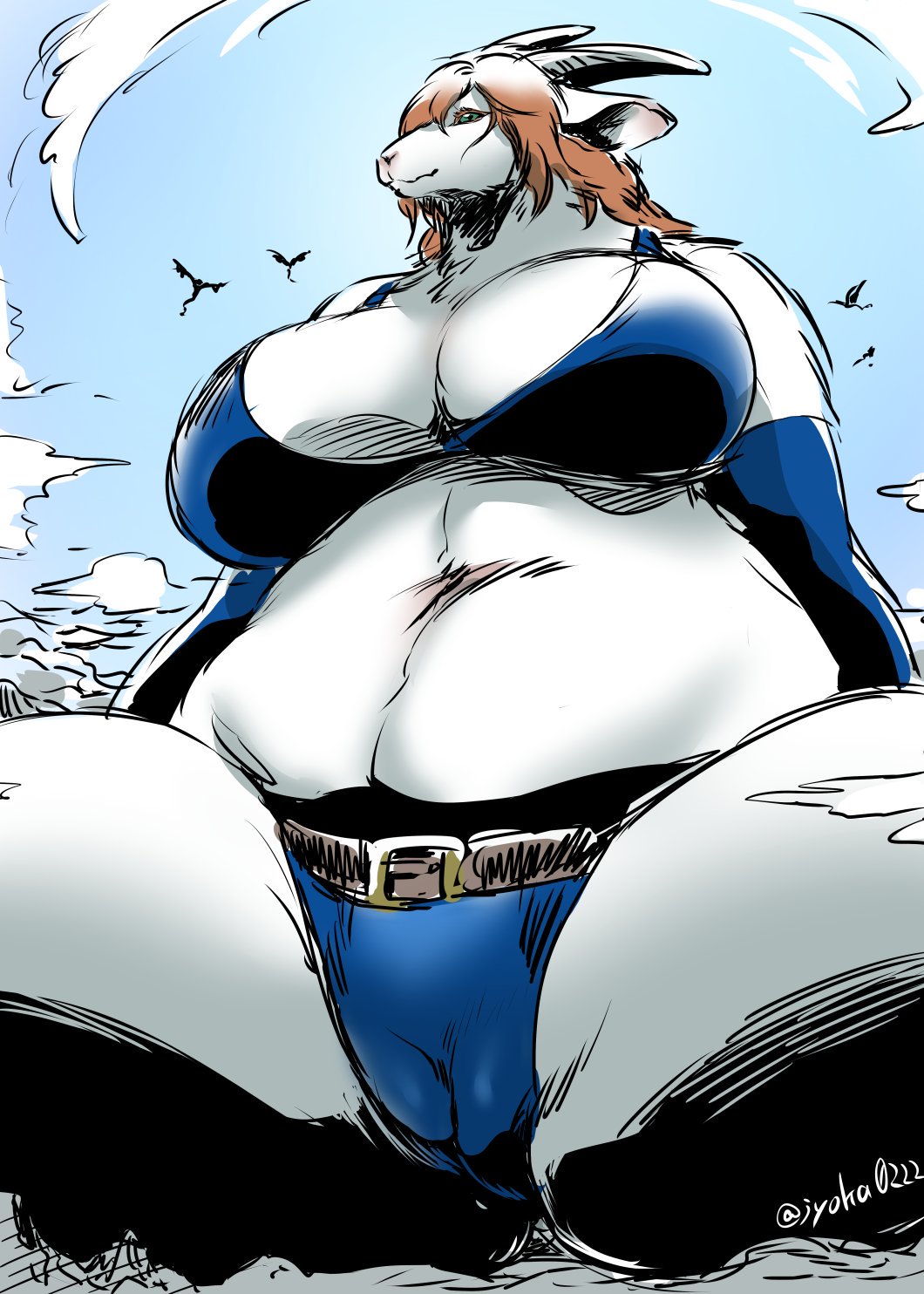 2016 anthro belly belt big_breasts breasts brown_hair caprine clothed clothing female fur goat hair horn huge_breasts japanese jyoka long_ears long_hair mammal slightly_chubby solo
