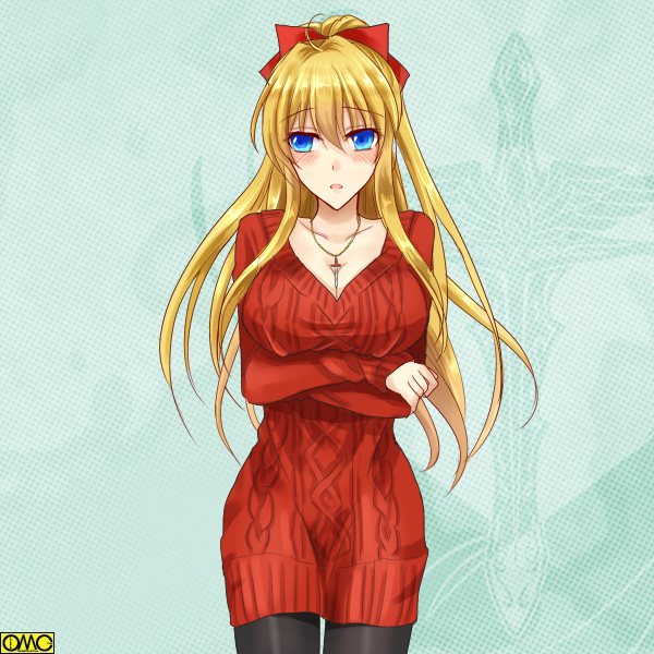 ahoge aran_sweater bad_id bad_pixiv_id between_breasts black_legwear blush bow breasts character_request cleavage collarbone commentary_request copyright_name cowboy_shot cross cross_necklace crossed_arms dress hair_bow jewelry large_breasts long_hair looking_away necklace omc red_bow solo sweater sweater_dress yuyuyu_pbw
