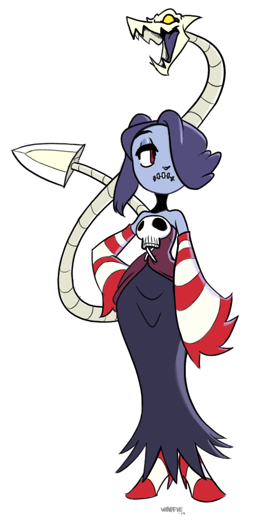1girl blue_skin detached_collar detached_sleeves dress hair_over_one_eye high_heels leviathan_(skullgirls) skull skullgirls solo squigly_(skullgirls) stitched_mouth striped striped_legwear striped_sleeves waffie zombie