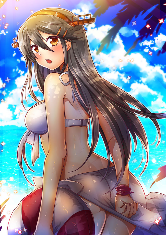 arm_behind_back arms_at_sides ass bikini black_hair breasts clenched_hand from_behind hair_between_eyes hairband halter_top halterneck haruna_(kantai_collection) innertube kantai_collection large_breasts long_hair midriff ocean open_mouth outdoors sarong solo suou_sakura swimsuit thighs tree under_tree water white_bikini yellow_eyes