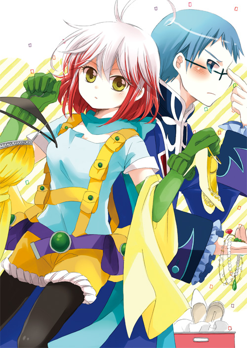 1boy 1girl adjusting_glasses antenna_hair artist_request back-to-back blue_eyes blue_hair blush bobcut glasses hubert_ozwell jewelry looking_at_viewer multicolored_hair pascal_(tales) puffy_sleeves red_hair scarf short_hair short_shorts suspenders tales_of_(series) tales_of_graces tales_of_graces_f thighhighs two-tone_hair white_hair yellow_eyes