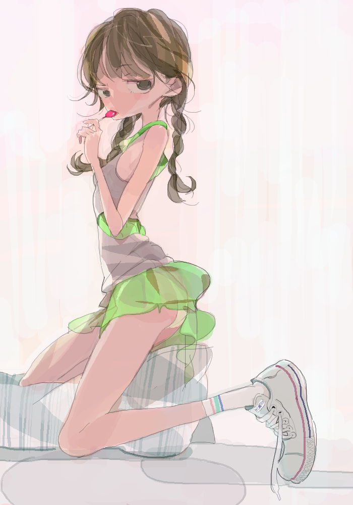 1girl amiami candy female lollipop looking_at_viewer original panties see-through side_glance skirt sneakers solo twin_braids twintails untied_shoes