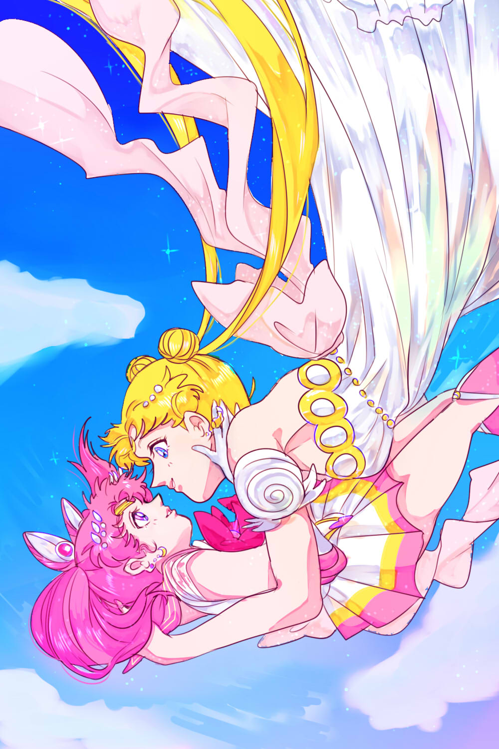 bare_shoulders bishoujo_senshi_sailor_moon blonde_hair blue_eyes blue_sky boots chibi_usa circlet cloud crescent crescent_earrings day double_bun dress earrings elbow_gloves eye_contact falling gloves hair_ornament highres hoshiai_tora jewelry knee_boots long_hair looking_at_another miniskirt multicolored multicolored_clothes multicolored_skirt multiple_girls pink_eyes pink_hair pink_sailor_collar pleated_skirt princess_serenity sailor_chibi_moon sailor_collar sailor_senshi_uniform skirt sky smile sparkle stud_earrings super_sailor_chibi_moon tsukino_usagi twintails very_long_hair white_dress white_gloves