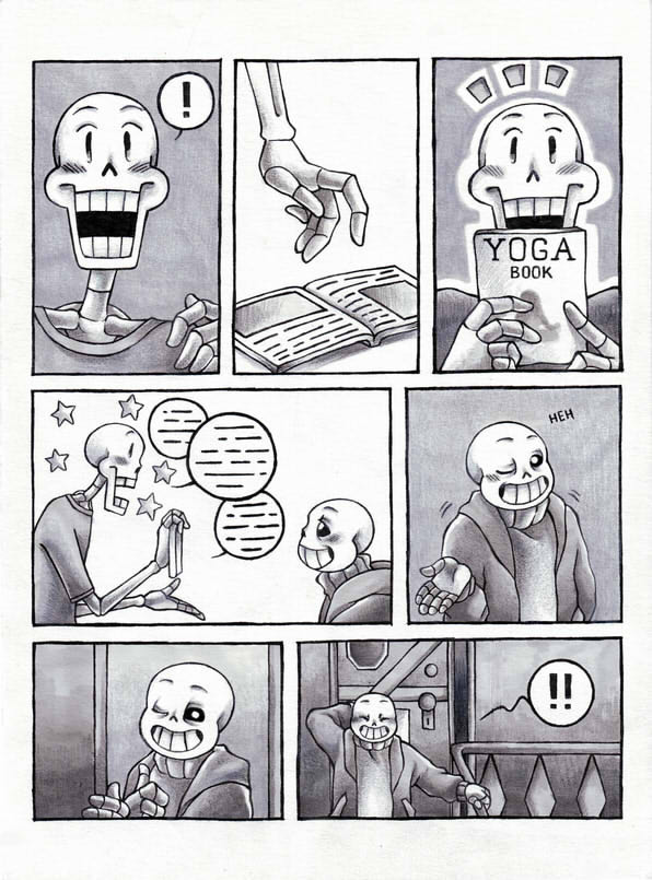 ! animated_skeleton blush bone book clothing comic dialogue english_text male monochrome papyrus_(undertale) sans_(undertale) skeleton star text undead undertale unknown_artist video_games yoga