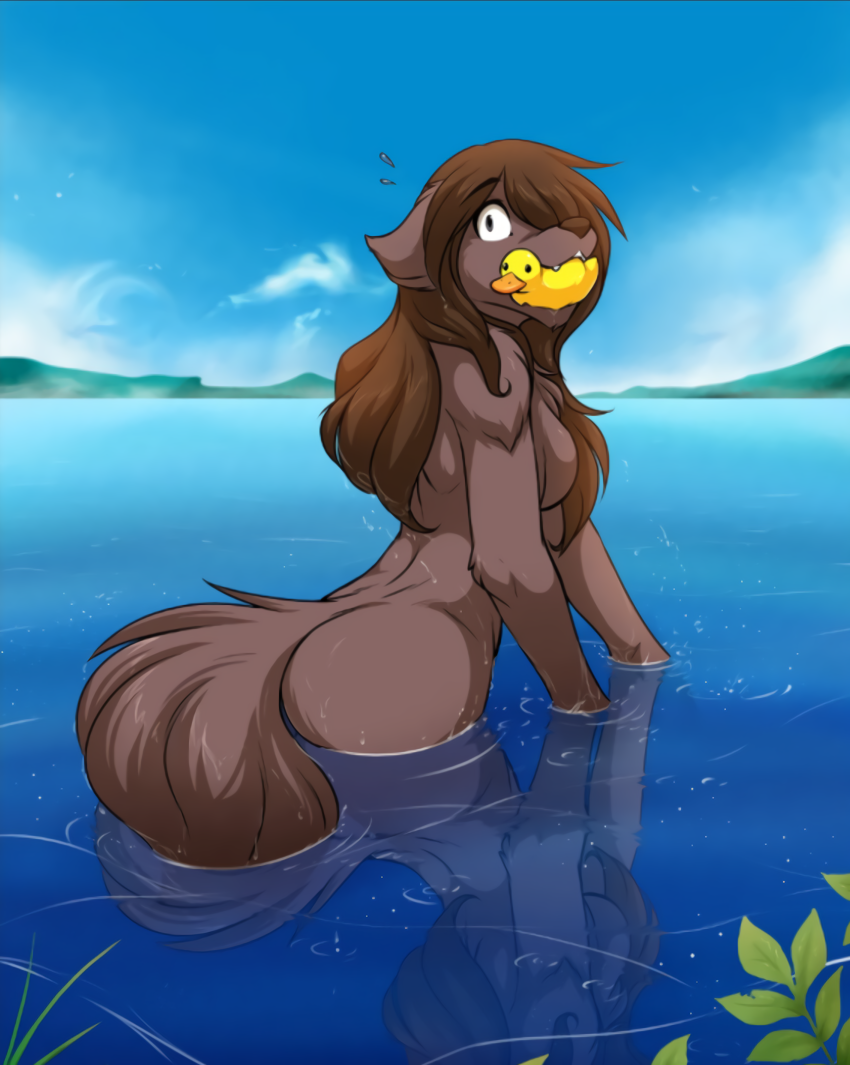 anthro bathing bite breasts brown_fur brown_hair butt canine chest_tuft detailed_background ears_back fur grey_eye hair keidran leaf leaves looking_at_viewer looking_back mammal natani nude outside partially_submerged plant rubber_duck side_boob skinny_dipping solo surprise tom_fischbach tuft twokinds water wet wet_fur wolf