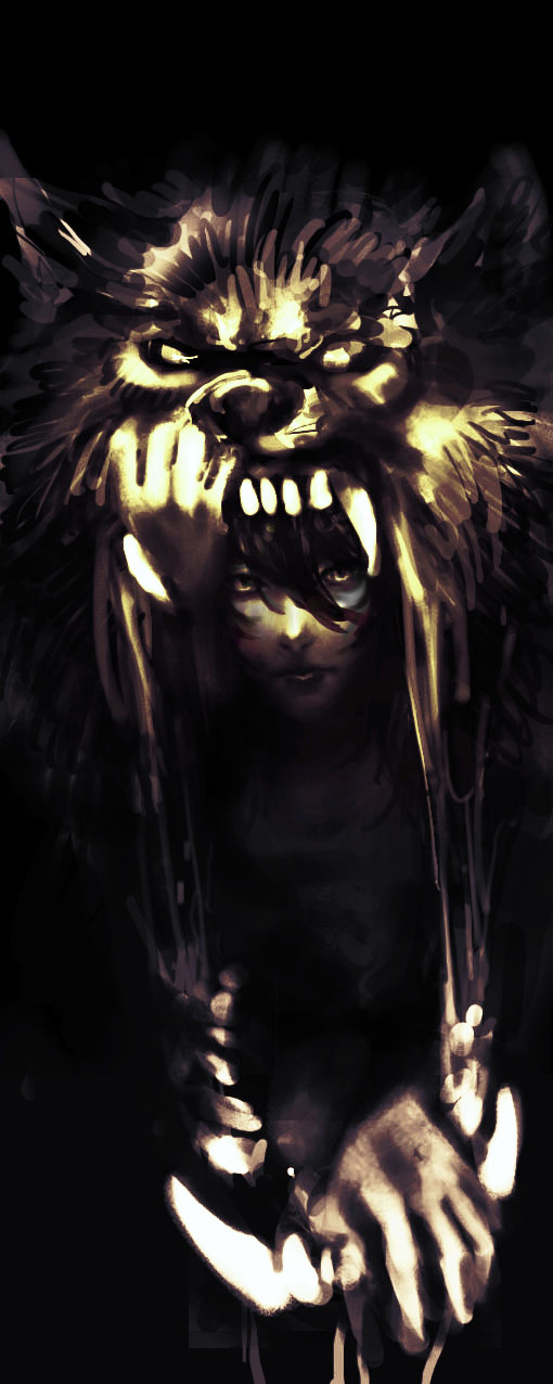 1boy animal black_background dark fangs koide_natsuno looking_at_viewer maldoror_(minu) male_focus shiki solo wolf