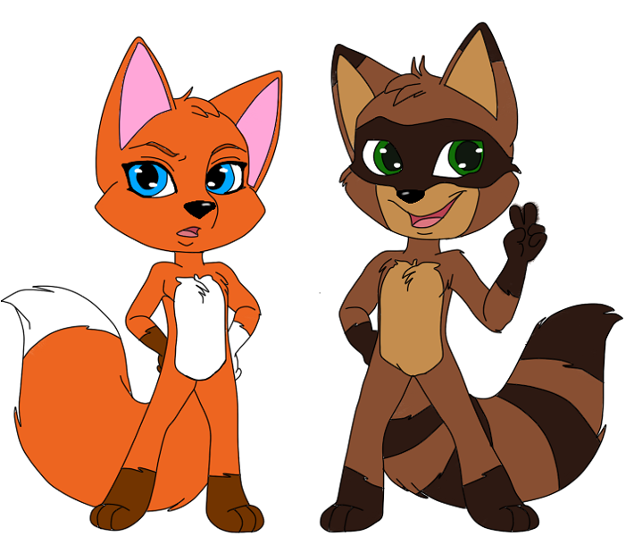 anthro black_nose blue_eyes brown_fur canine duo female fox fur green_eyes looking_at_viewer male mammal nude ollie_(olicoon) open_mouth orange_fur procyon raccoon ringed_tail smile tan_fur tongue universefoxy universefoxy_(character) white_fur