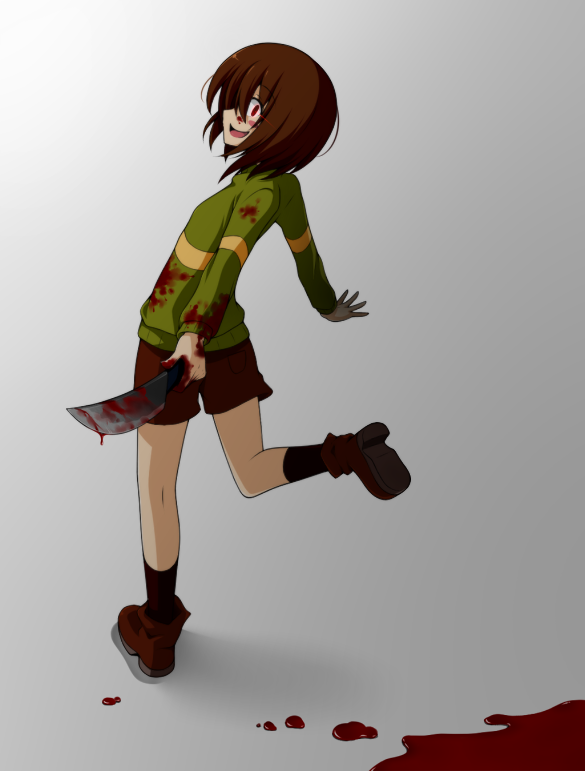 ankle_boots blood blood_on_face bloody_clothes bloody_hands bloody_knife blush_stickers boots brown_hair chara_(undertale) crazy_smile gradient gradient_background knife looking_at_viewer open_mouth red_eyes shorts socks solo spoilers striped striped_sweater sweater undertale yyi